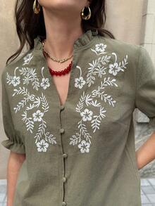 Solivie 女士优雅刺绣衬衫，春夏短袖衬衫，度假优雅波西米亚风夏季外出上衣 - 綠色 - 查看 3