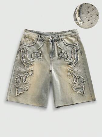 Shorts en jean délavés et déchirés avec strass pour hommes
