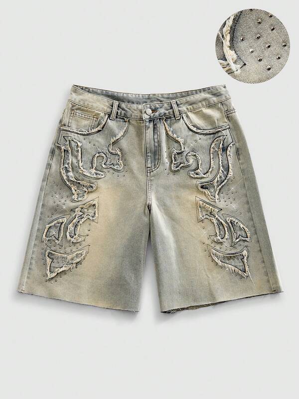 ROMWE MEN Shorts vaqueros para hombre con desgaste, piedras de rhinestone y dobladillo deshilachado