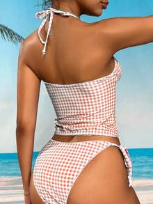 Swim Mod Sweet Cherry Plaid Bikini Set - Orange - View 2