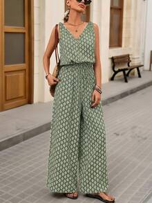 Brillora Bộ jumpsuit nữ đi nghỉ mát in họa tiết toàn thân, cài nút, cổ chữ V, không tay, ống rộng; Bộ jumpsuit dài không tay cổ chữ V màu xanh ô liu in họa tiết toàn thân, có túi; Bộ jumpsuit mùa hè cho nữ; Bộ jumpsuit thường ngày cho nữ; Bộ jumpsuit không tay; Bộ jumpsuit nữ; Bộ jumpsuit màu xanh lá cây cho nữ. - Màu xanh Ô liu - Xem 3