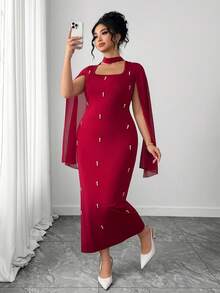 Elenzga 优雅雪纺珍珠装饰拼接连衣裙，修身款式，女士连衣裙 - 酒紅色 - 查看 5