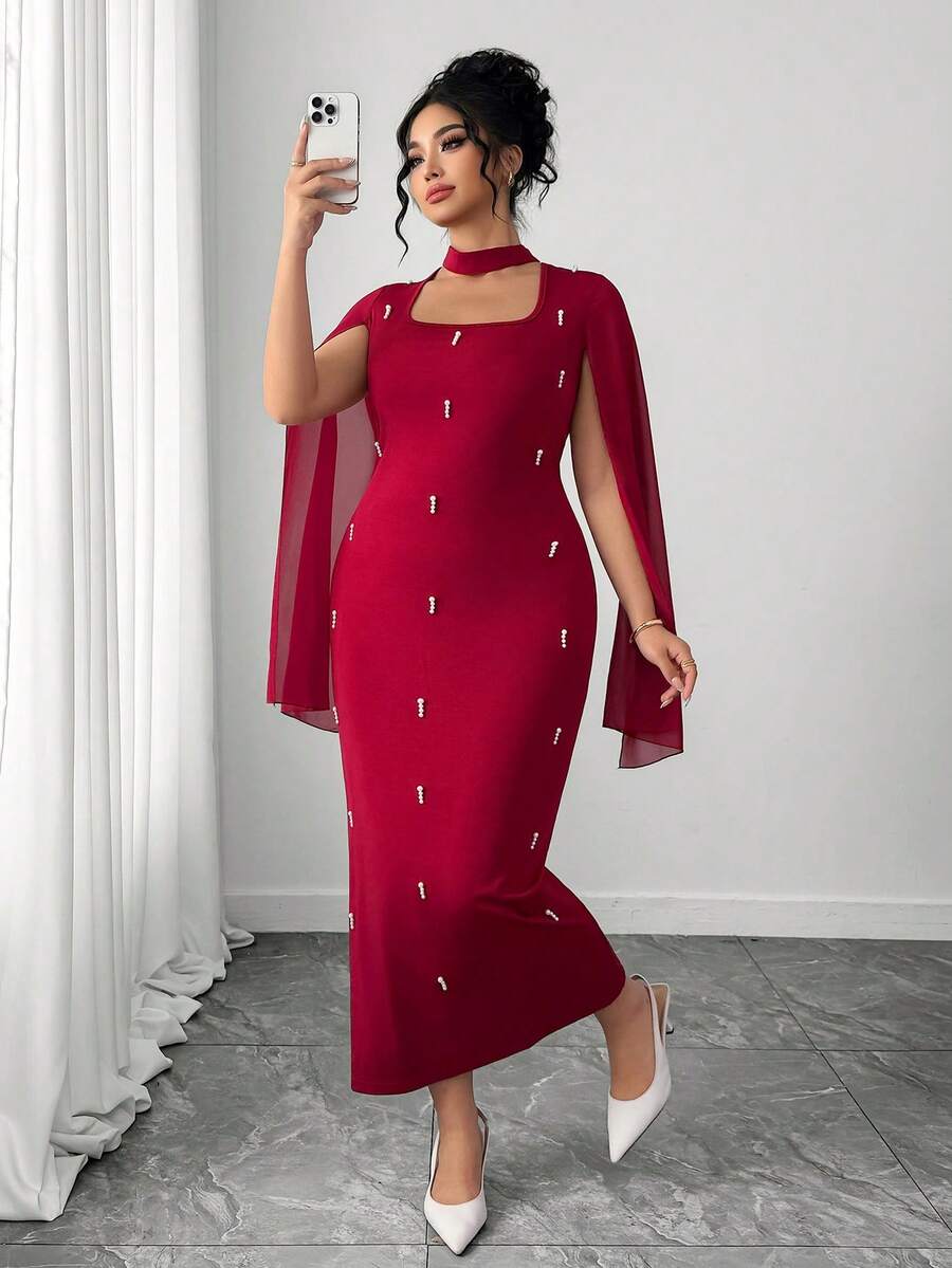 Elenzga 优雅雪纺珍珠装饰拼接连衣裙，修身款式，女士连衣裙 - 酒紅色 - 查看 1