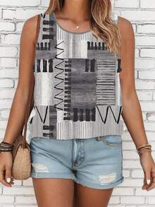 Plus Size Patchwork Printed Casual Crew Neck Sleeveless Top, Daily Wear Women Graphic Tee Top For Summer - Black and White - View 4