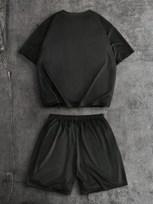 AXEPEAK 男士休闲数字印花圆领短袖T恤短裤套装，夏季 - 黑色 - 查看 2