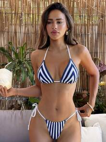 Swim Vcay 3件套条纹印花三角挂脖泳衣套装，女士度假装 - 藍白色 - 查看 3