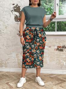 EMERY ROSE Plus Size Summer Casual Solid Color Top And Floral Print Skirt 2-Piece Set Spring - Teal Blue - View 5