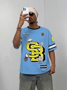 SpongeBob SquarePants | SHEIN Camiseta de manga corta con cuello redondo con estampado de letras y dibujos animados para hombres - Blanco - Ver 9