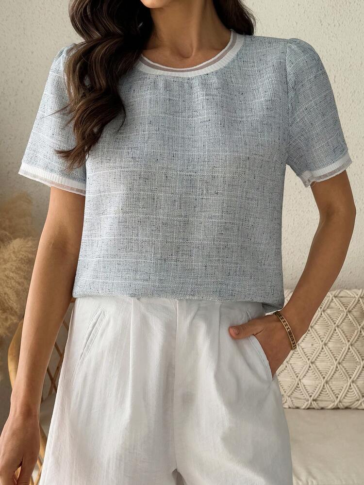 Women's Contrast Color Round Neck Short Puff Sleeve Casual Shirt Summer