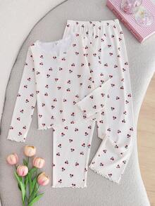 SHEIN 女童碎花蕾丝边圆领长袖睡衣套装 - 彩色 - 查看 3