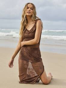 Aralina V领系带开衩长款连衣裙及针织吊带背心套装 - 棕色 - 查看 6