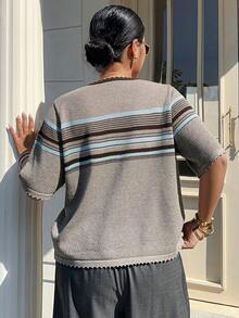 Dazy Plus Áo dệt kim tay ngắn cổ tròn phối màu thời trang, kiểu dáng thường ngày, đa năng, thích hợp cho mùa xuân/hè. - Xám - Xem 2