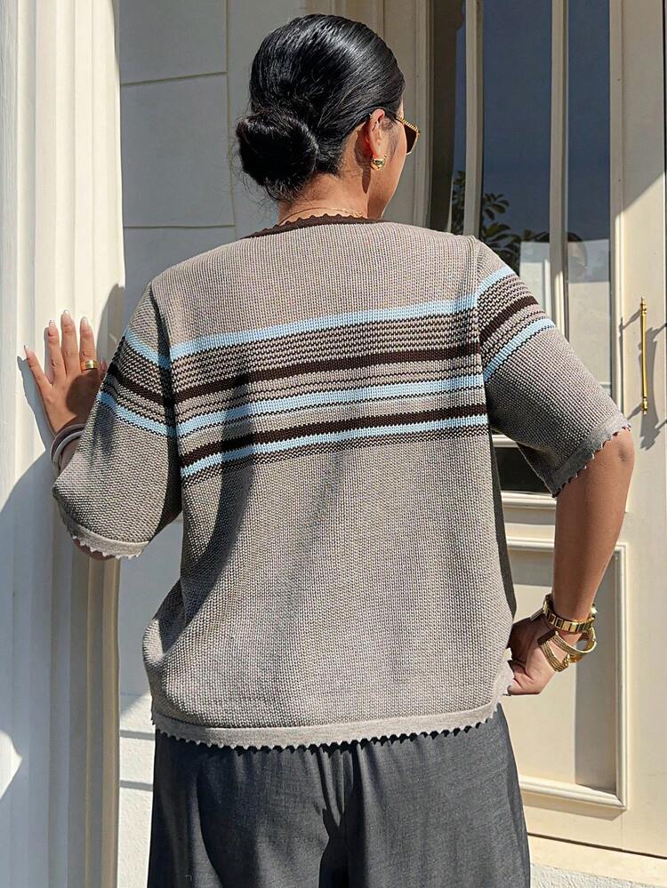 Dazy Plus Fashionable Color Block Round Neck Casual Versatile Short Sleeve Knit Top, Spring/Summer