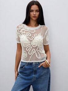 ATUI Studio Top tricoté à manches courtes avec motif floral et découpes pour femmes, idéal pour les vacances d'été - Blanc - Voir 4