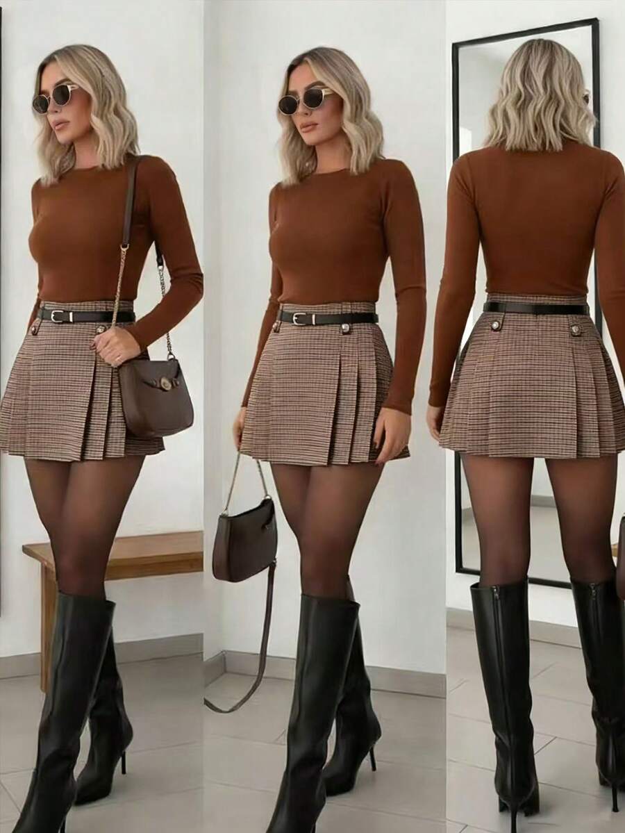 Ellegaria. Women's Plaid Print Fold Pleated Elegant A-Line Skirt - Khaki - View 1