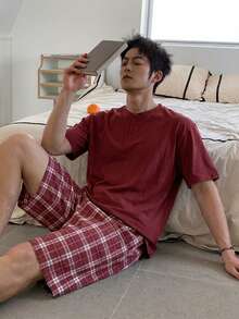 Conjunto de pijama de camiseta de manga corta y pantalones cortos multicolor para hombre, de verano - Multicolor - Ver 4
