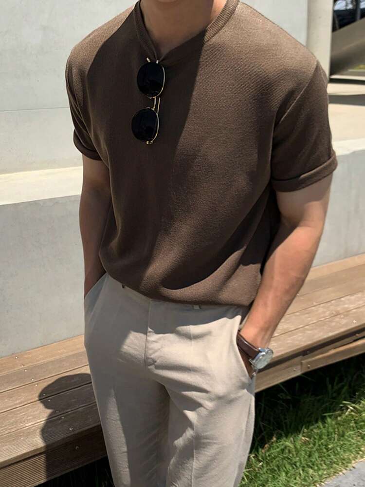 Men's Solid Brown Crew Neck Knit Sweater, Summer