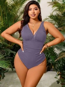 Swim Vcay Große Größen Sommer Urlaub Strand einfarbig gerippter V-Ausschnitt Mesh Patchwork Badeanzug - Violett - Übersicht 4