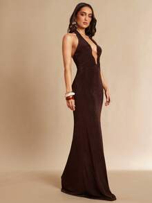 Silquee 女士纯色露背吊带收腰优雅长款派对连衣裙 - 棕色 - 查看 5