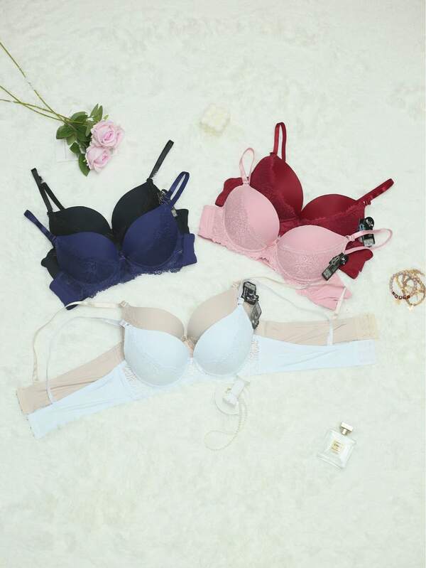 Lencería de mujer, copa B, sujetador push-up, paquete de 6, 6 colores, ribete de encaje, copa completa cómoda, cierre de tres ganchos, tirantes ajustables, decoración de lazo, sujetador de encaje de color sólido sexy y cómodo.
