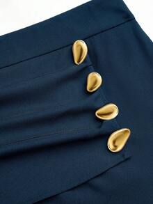 Sweetra 大码女式二合一金属扣装饰西装裤，修身显瘦，优雅百搭，适合工作和休闲场合，直筒裤型，秋冬款 - 水鴨藍 - 查看 4