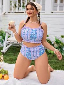 Swim Mod Conjunto de traje de baño de talla grande para mujer con tirantes finos y shorts regulares, adecuado para vacaciones en la playa, primavera/verano - Multicolor - Ver 5