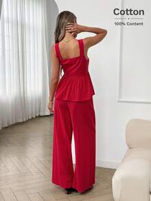 Easowa Bộ 2 món đồ nữ thường ngày, rộng rãi, thanh lịch, thích hợp đi làm hoặc đi nghỉ mát: Áo cổ vuông, tay bồng xếp ly và quần ống rộng cạp chun, màu đỏ, thích hợp mùa xuân/hè. - Đỏ - Xem 7