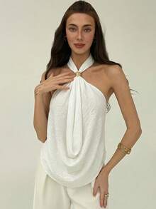 Aloruh Áo croptop cổ yếm xếp ly màu trơn dành cho nữ - trắng - Xem 6