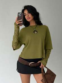 Aloruh Kaos Wanita Kasual Warna Polos Kerah Bulat Pas Badan, Kaos Patchwork Renda Manis - Hijau Tentara - View 7