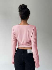 Aloruh Women's Autumn/Winter Bat Wing Long Sleeve Fitted T-Shirt - Pink - View 2