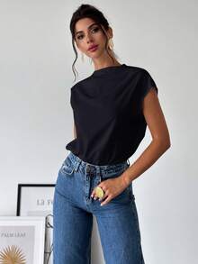 Firerie 女士优雅简约办公/通勤白色立领不对称肩部褶裥修身衬衫 - 藏蓝色 - 查看 6