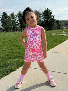 少女休闲运动风针织圆领爱心印花无袖连衣裙，春夏款 - 粉色 - 查看 3