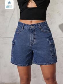 Quần short denim nữ dáng rộng, thoải mái, có túi hộp. - Màu xanh hải quân - Xem 6