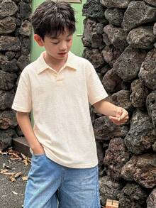 SHEIN Little Byeori Tween Boy Collared Solid Color Short Sleeve Polo Shirt,Kids - Apricot - View 4