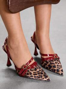 CUCCOO SZL 女士尖头高跟鞋，9厘米，优雅酒杯造型，后跟系带，易于穿脱，豹纹拼接，酒红色搭扣，女王范儿十足。这款豹纹高跟鞋适合日常穿着、派对、圣诞节、情人节约会、春节感恩节聚会等场合。 - 酒紅色 - 查看 6