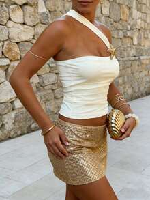 INAWLY 女士休闲金属海星装饰性感单肩修身上衣 - 杏色 - 查看 2