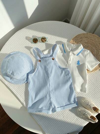 SHEIN Set de 3 piezas para recién nacido unisex niño/niña que incluye babero a rayas azul y blanco, pantalones cortos y polo de manga corta con sombrero, ropa de primavera/verano para bebé, conjunto, top para bebé niño, Pascua