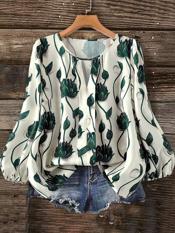 Linhara Plus Size Women's Casual Floral Print Round Neck Long Sleeve Blouse Shirt, Blue & White Floral Shirt, Autumn Wear, Country Music Festival Shirt, Women's Autumn Shirt, Outdoor Apparel, New Arrival 2025 Floral Blouse Women Vintage Tops Women Lantern Sleeve Blouse Women Blouses Long Sleeve Women's Blouse