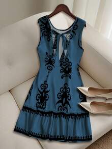 GlowEve Women's Summer Woven Sleeveless Round Neck Backless Tie-Up Floral Print Patchwork Ruffle Hem Short Dress, Random Print - Multicolor - View 2