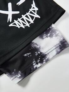 SHEIN Bolty 1 件装青少年男童图案抽绳腰网眼短裤，适合上学、春季穿着、青少年男童服装、青少年男童外套、春季返校季 - 黑色 - 查看 7