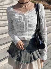 FRIFUL Women's Ditsy Floral Contrast Lace Front Tie Long Sleeve Casual T-Shirt - White - View 3