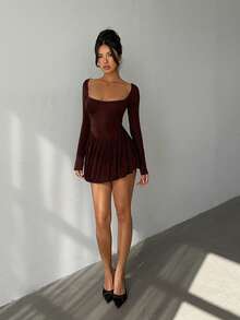 Aloruh Women's Romantic Date Night Stylish Sexy Casual Commute Sparkly Low-Cut Bubble Waist Mini Dress, Spring/Summer - Coffee - View 7
