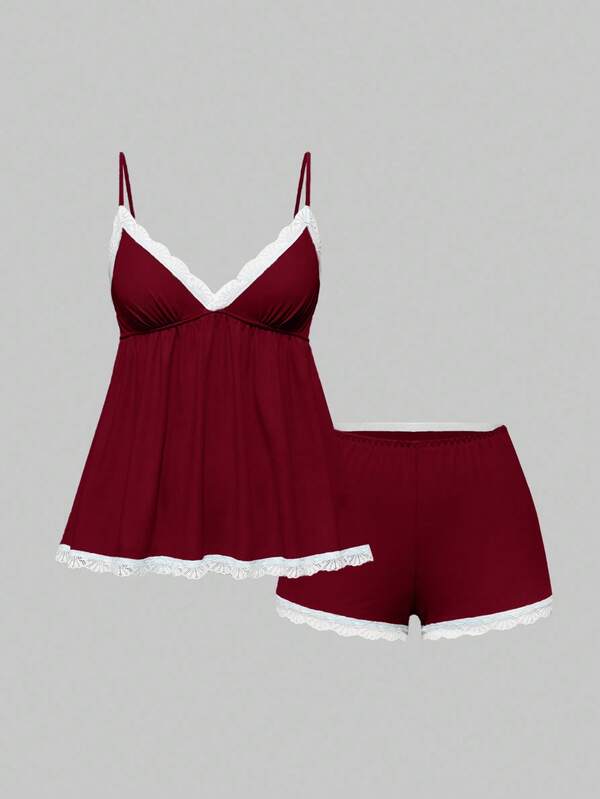 ROMWE Ribbed Lace Camisole & Shorts Casual Pajama Set