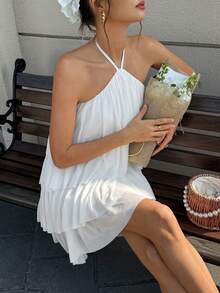 Pariaura Women's Solid Color Layered Halter Casual Mini Dress - White - View 5
