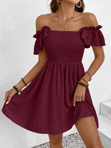 SHEIN Frenchy Đầm chữ A cổ vuông màu trơn, dáng suông, ôm eo, bán chạy nhất - Màu Đỏ Sâu - Xem 3