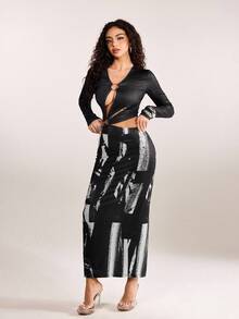 plantica Casual Sexy Urban Chic Minimalist Fashion Women's Black Printed Bodycon Long Sleeve Deep V Metal Buckle Structured Dress, Suitable For Outings, Travel, Dates, Parties, Holidays, Valentine's Day, Spring/Summer,Going Out,Sexy, Elegant,, Wedding Guest, Music Festival, Musician, Night Club - Black - View 4