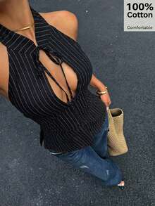 Siren Gaze Women's Bow Tie Hollow Out Halter Neck Fitted Crop Top, Slit Front Sleeveless Blouse - Black - View 6