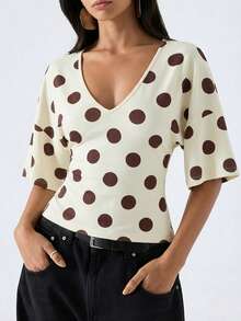 LYSMO 2026 New Arrival Women's Simple Brown Polka Dot Flare Sleeve Shirt, Versatile For Commuting/Christmas/New Year/Thanksgiving/Graduation, Elegant & Fashionable, Casual Comfortable Homewear, Deep V-Neck Design, Figue Color - Multicolor - View 5