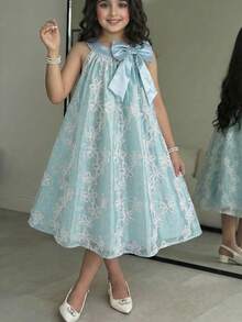 SHEIN Abito elegante e alla moda con collo rotondo e maniche corte per ragazze pre-adolescenti - Blu - Visualizzare 5