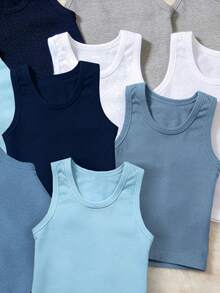 SHEIN 10件装男童舒适休闲无袖打底背心，简约设计，易于搭配，弹力透气针织面料，可机洗，穿着舒适，易于打理（5件单独出售） - 彩色 - 查看 4